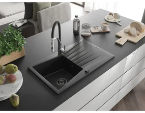 Mexen Cesar, 1-komorový granitový drez 775x470x190 mm a drezová batéria Aster, čierna, 6514-77-73450-07-B