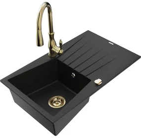 Mexen Cesar, 1-komorový granitový drez 775x470x190 mm a drezová batéria Savita, čierna, 6514-77-672601-50