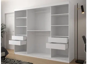Posuvná skriňa so zrkadlom Ratintu 250 cm, zásuvka: áno, Farby: biela / biela + čierny mat