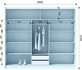 Šatní skriňa so zrkadlom SABRINA 250x215 cm dub sonoma