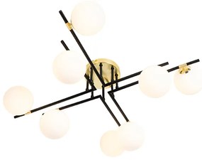 Stropné svietidlo čierne so zlatom a opálovým sklom 8-žiarovkové - Lynn