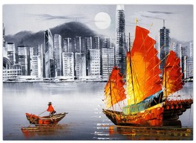 Sklenený obraz - Victoria Harbor, Hong Kong, čiernobiela olejomaľba (70x50 cm)