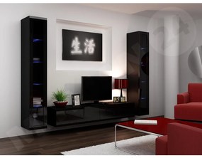 Obývacia stena Zigo V, Osvetlenie: osvetlenie LED modré, Farby: čierny / čierny lesk