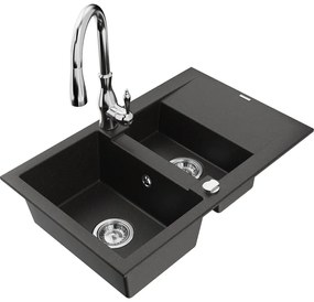 Mexen Gaspar, 1,5-komorový granitový drez 737x475x177 mm a drezová batéria Savita, čierna-zlatá metalíza, 6507-75-672601-00