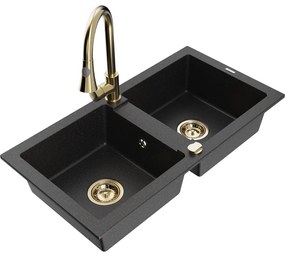 Mexen Mario, 2-komorový granitový drez 820x436x161 mm a drezová batéria Elia, čierna-strieborná metalíza, 6504-73-670101-50