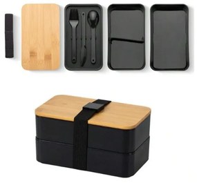 Svačinový box DUO LUNCH s príborom, čierny/bambus