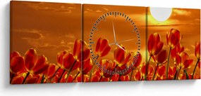 Obraz rozkvitnutého lánu s tulipánmi (s hodinami) (90x30 cm)