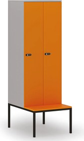 Drevená šatníková skrinka S4 s lavičkou, 2 oddiely, 1871 x 600 x 500/800 mm, demont, mechanický kódový zámok, sivá/oranžová