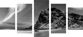 5-dielny obraz obraz polárna žiara v Nórsku v čiernobielom prevedení - 200x100