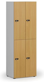Drevená šatníková skrinka s úložnými boxmi, 4 boxy, mechanický kódový zámok, sivá/buk