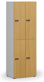 Drevená šatníková skrinka s úložnými boxmi, 4 boxy, mechanický kódový zámok, sivá/buk