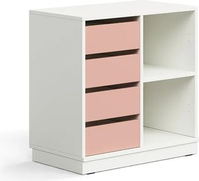 Úložná skrinka CASPER, 4 zásuvky, 2 priehradky, so soklom, biela/tmavoružová