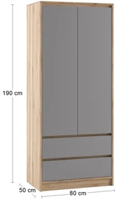 Šatníková skriňa so zásuvkami Boran 2D - dub artisan / sivá