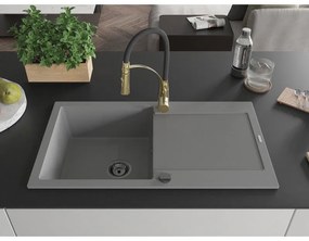 Mexen Leo, granitový drez 900x500x190 mm, 1-komorový a drezová batéria Aster, šedá, 6501-71-73450-57-B