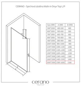 CERANO - Sprchová zástena Walk-in Onyx Top L/P - guľatá vzpera - čierna matná, transparentné sklo - 160x200 cm, CER-CER-8050BD1691