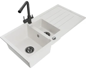 Mexen Andres, granitový drez 1000x500x200 mm, 1,5-komorový + čierna batéria Duero, biela, 6515-20-671600-70
