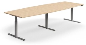 Výškovo nastaviteľný rokovací stôl QBUS, ovál, 3200x1200 mm, strieborný rám, dub