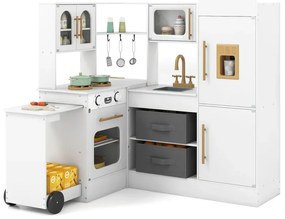 Rohová kuchyňa so svetlom a zvukom Drevená hracia zostava s výsuvnou pracovnou doskou Drez Sporák Rúra Chladnička Biela
