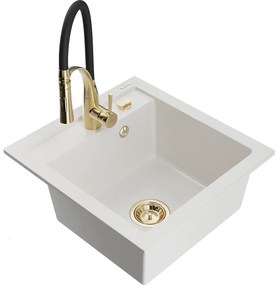 Mexen Vito, 1-komorový granitový drez 490x520x210 mm a drezová batéria Aster, biela, 6503-20-73450-57-B