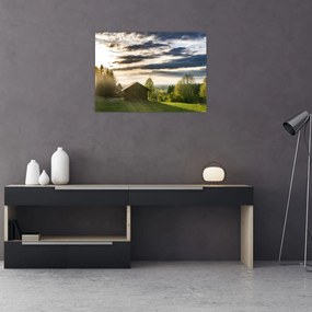 Sklenený obraz chaty na lúke (70x50 cm)