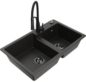 Mexen Tomas, 2-komorový granitový drez 800x500x190 mm a drezová batéria Aster, čierna-zlatá metalíza, 6516-75-73450-70-B
