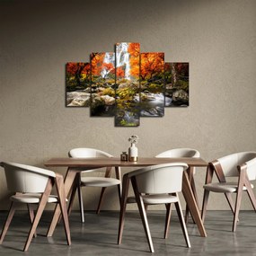 Obraz - Vodopády v oranžovom lese (150x105 cm)