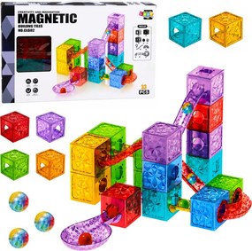 LEAN Toys Magnetické stavebné kocky – kocky, guľôčková dráha, farebné, 33 ks.