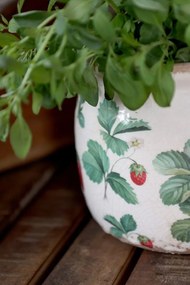 Krémový antik keramický obal na kvetináč s jahôdkami Fraises - Ø 12*9 cm