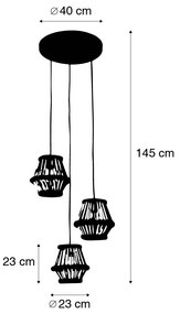 Orientálne závesné svietidlo bambus s čiernym okrúhlym 3-svetlom - Evalin