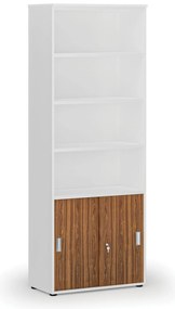 Kombinovaná kancelárska skriňa PRIMO WHITE, zasúvacie dvere na 2 poschodia, 800 x 420 x 2128 mm, biela/orech