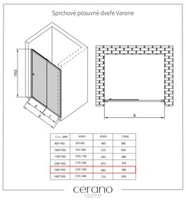 Cerano Varone, sprchovací kút s posuvnými dverami 130 (dvere) x 90 (stena) x 195 cm, 6mm číre sklo, chrómový profil, CER-CER-DY505-13090