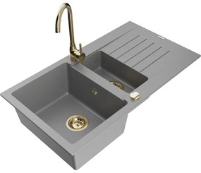 Mexen Matias, granitový drez 900x505x200 mm, 1,5-komorový a zlatá batéria Telma, šedá, 6502-71-670200-50