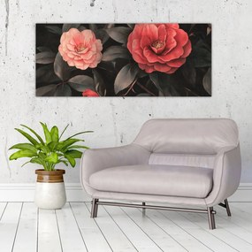 Obraz - Červené kvety na tmavom pozadí (120x50 cm)