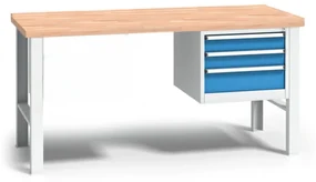 Výškovo nastaviteľný pracovný stôl do dielne WL so závesným boxom na náradie, buková škárovka, 3 zásuvky, 1700 x 685 x 840 - 1050 mm