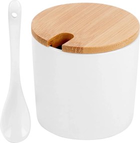 VILDE Guľatá keramická cukornička s bambusovým viečkom a lyžičkou, 250ML biela