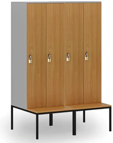 Drevená šatníková skrinka S4 s lavičkou, 2 oddiely, 1871 x 600 x 500/800 mm, demont, otočný zámok, sivá / oranžová
