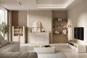 Vitrína Amilio 100 cm dvojdverová - kašmír / olejovaný dub / úchyty svetlý dub