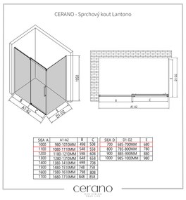 CERANO - Sprchovací kút Lantono L/P - 8 mm - čierna matná, grafitové sklo - 110x70 cm - posuvný, CER-CER-8050BD7515