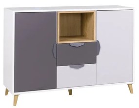 Komoda Juna 8 (biela + grafit + sivá + dub lefkas). Akcia -20%. Vlastná spoľahlivá doprava až k Vám domov. 1087404