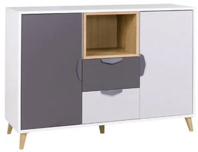 Komoda Juna 8 (biela + grafit + sivá + dub lefkas). Akcia -21%. Vlastná spoľahlivá doprava až k Vám domov. 1087404