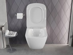 Mexen Timo, závesná WC misa 555x370x335 mm, Rimless Tornádo + WC sedadlo z duroplastu, biela lesklá, 30650200T