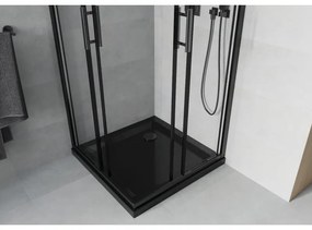 Mexen Rio, štvorcový sprchovací kút s posuvnými dverami 70(dvere) x 70(dvere) x 190 cm, 6mm číre sklo námraza, čierny profil + čierna sprchová vanička SLIM, 860-070-070-70-00-4070B
