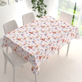 Biante Detský bavlnený obdĺžnikový obrus Sandra SA-521 Modro-červení psíkovia s autami na bielom 50x100 cm