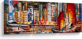 Obrázok - Victoria Harbor, Hong Kong, olejomaľba (s hodinami) (90x30 cm)