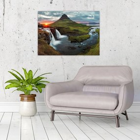 Sklenený obraz - Kirkjufell pri západe slnka (70x50 cm)