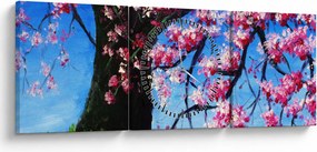 Obraz maľované rozkvitnuté čerešne (s hodinami) (90x30 cm)