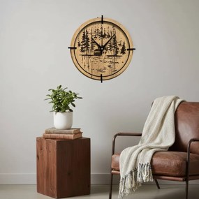 Drevené nástenné hodiny Lesná chatka pri jazere | SENTOP HDF0585-GOLD-OAK