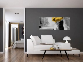 Obraz - Zamilovaný pár pod dáždnikom, žltý (120x50 cm)