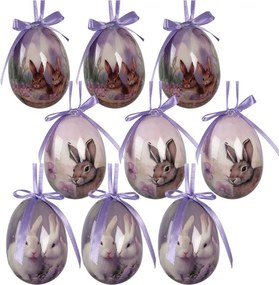 9ks dekorácia fialové závesné vajíčko s zajačikmi Spring Egg - Ø 5*8 cm