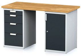 Dielenský stôl MECHANIC I so zásuvkovým boxom a skrinkou na náradie namiesto nôh, 4 zásuvky, 1500 x 685 x 880 mm, antracitové dvere